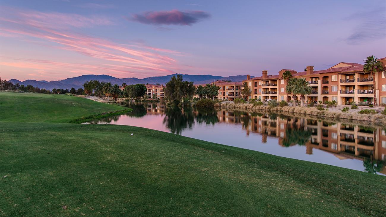 Golf course and pond at dusk at Marriott's Shadow Ridge I Villages resort timeshare